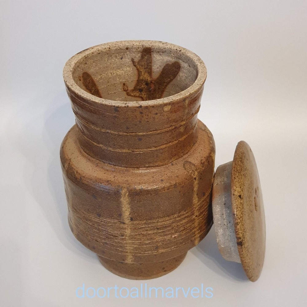 Vintage MCM Earthenware Covered Jar‎ Ash Glaze Threaded 6.5"H Signed